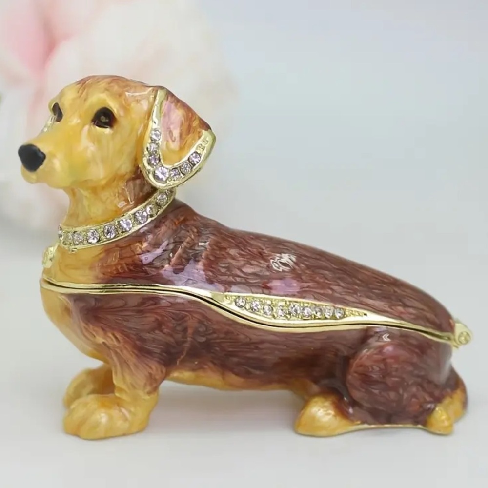 Elegant Brown and Gold Dachshund Figurine trinket box NWT